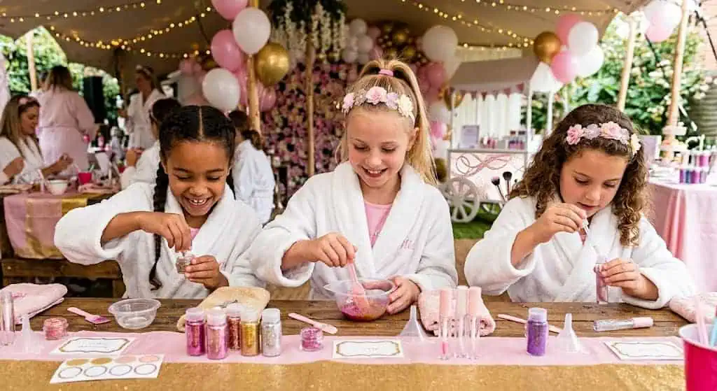 Girls enjoying DIY spa station with glitter and colorful supplies.