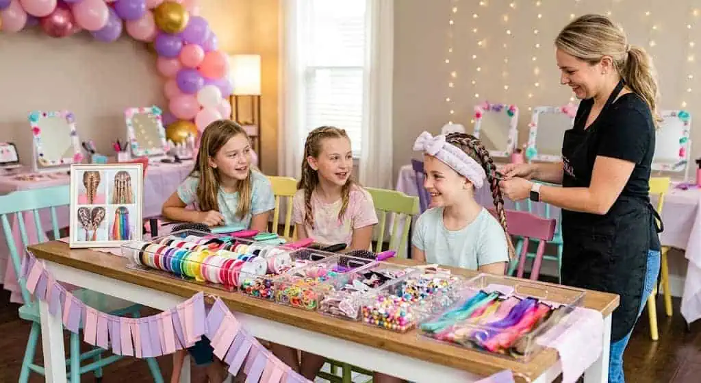 Girls enjoying a spa-themed craft station at a birthday party.