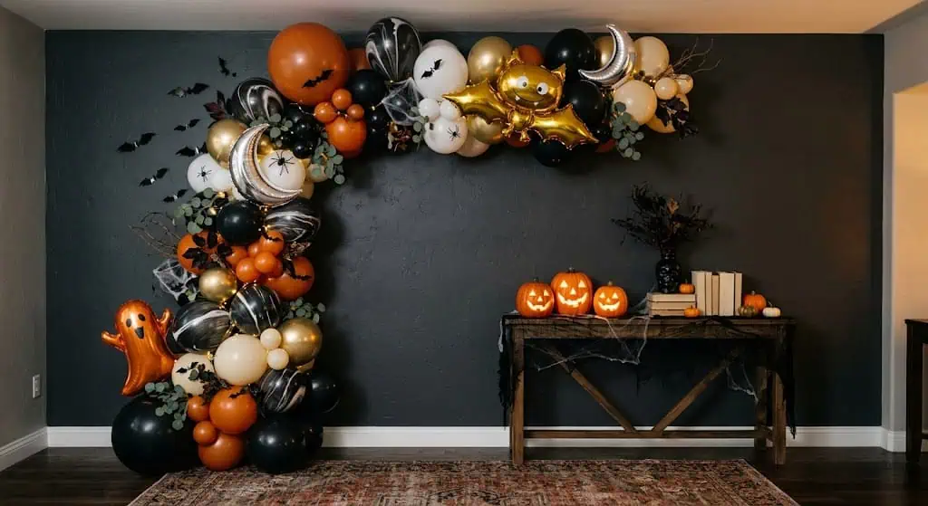 Colorful Halloween balloon garland with pumpkins and spooky accents.