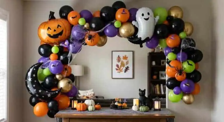 Colorful Halloween balloon garland with pumpkins, ghosts, and spiders for party decor.