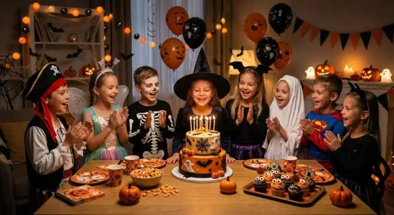 Children in Halloween costumes celebrating around a birthday cake with candles.
