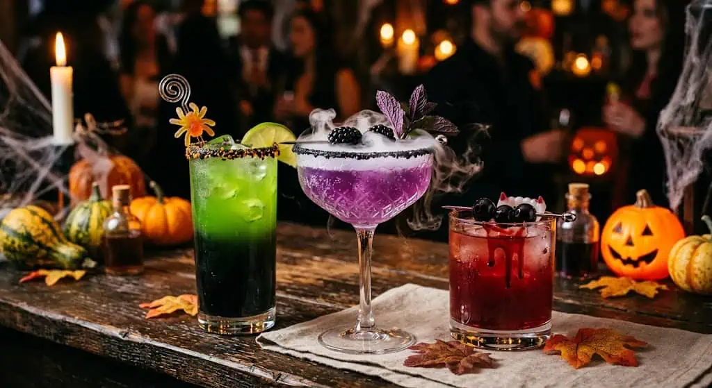 Colorful Halloween-themed cocktails with spooky decorations and pumpkins at a festive party.