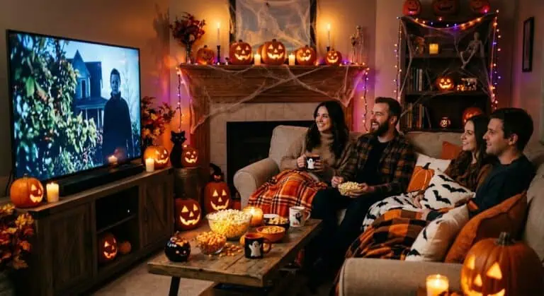 Group of friends enjoying Halloween movie night with pumpkins and spooky decorations.