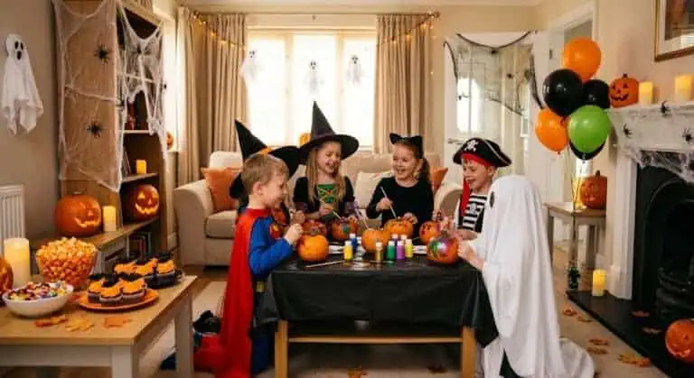 Children in costumes enjoying Halloween party with decorations and treats.