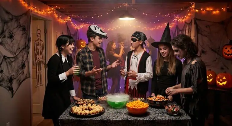 Kids in Halloween costumes enjoying spooky party with treats and decorations.