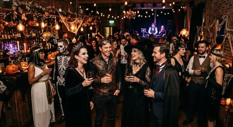 Halloween costume party with guests in spooky and creative outfits, enjoying drinks and dancing in a.