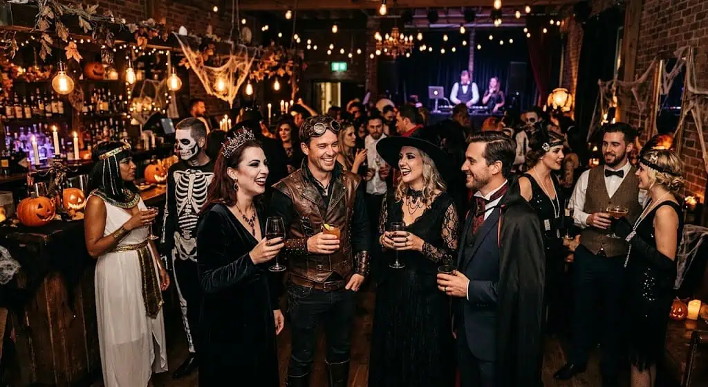 Halloween costume party with guests in spooky and creative outfits, enjoying drinks and dancing in a.