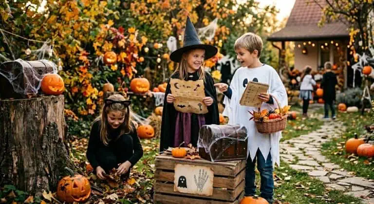 Children in Halloween costumes enjoying pumpkin hunt and decorations.