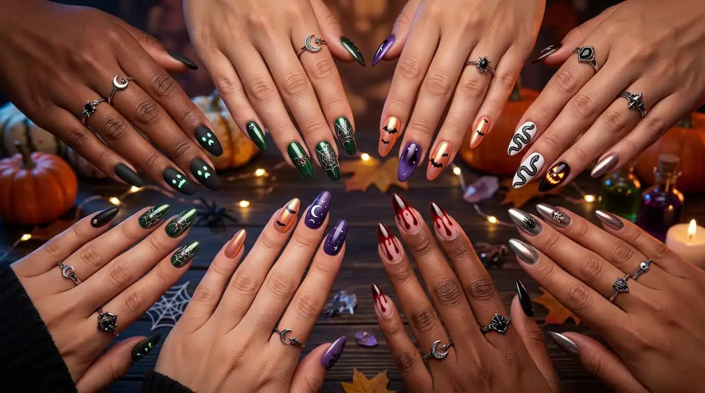 Elegant Halloween-themed nail art with colorful designs and accessories.