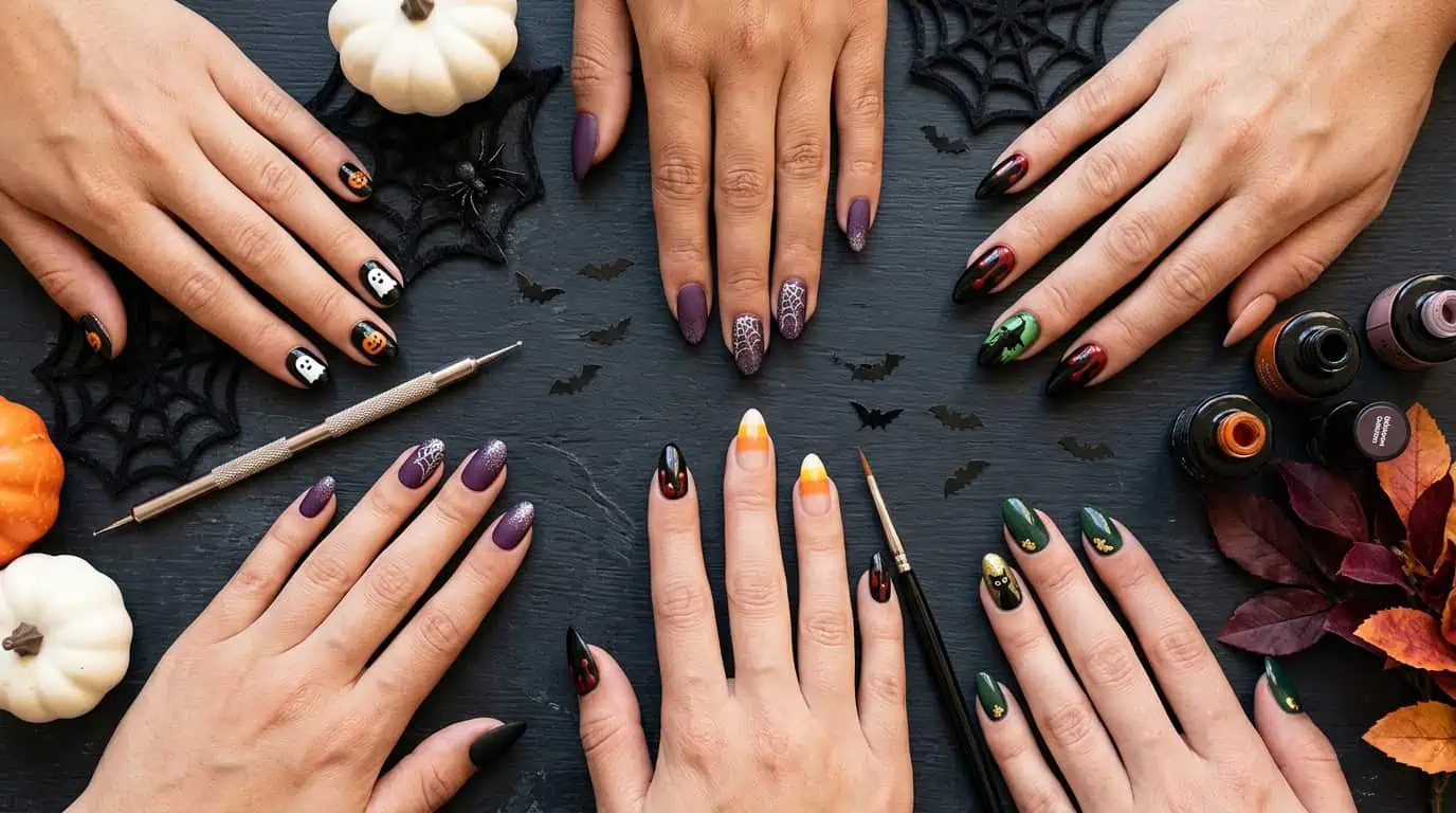 Halloween nail art with spooky designs and vibrant colors for festive celebrations. Perfect for Hall.