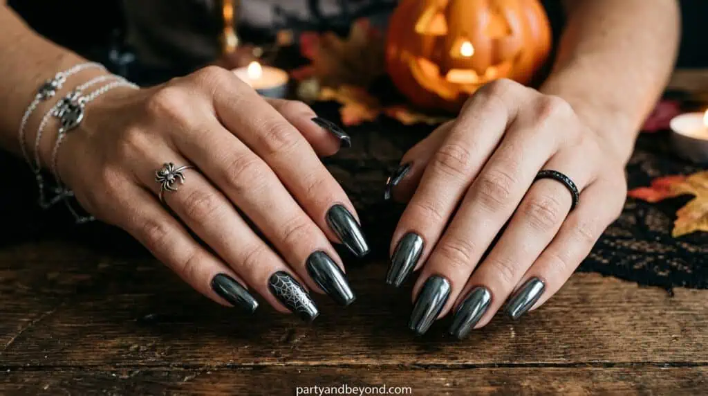 Metallic molten effect over black base۔ Halloween nail ideas