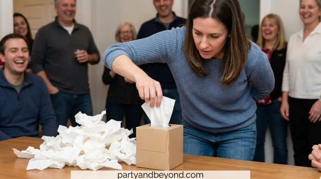 Contestant pulling tissues from a box using one hand in a timed challenge