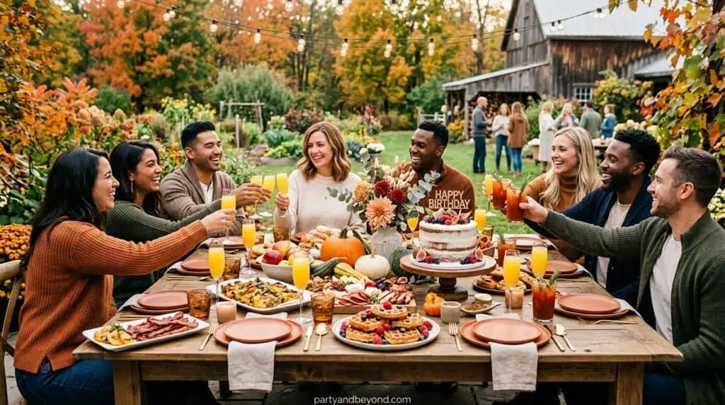 Cozy autumn brunch birthday setup with mimosas, charcuterie board, and seasonal table decorations.