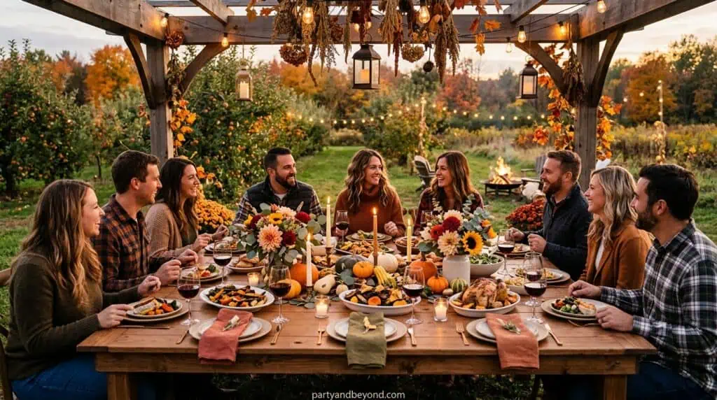 Elegant harvest dinner party with long table, candles, pumpkins, and autumn centerpieces