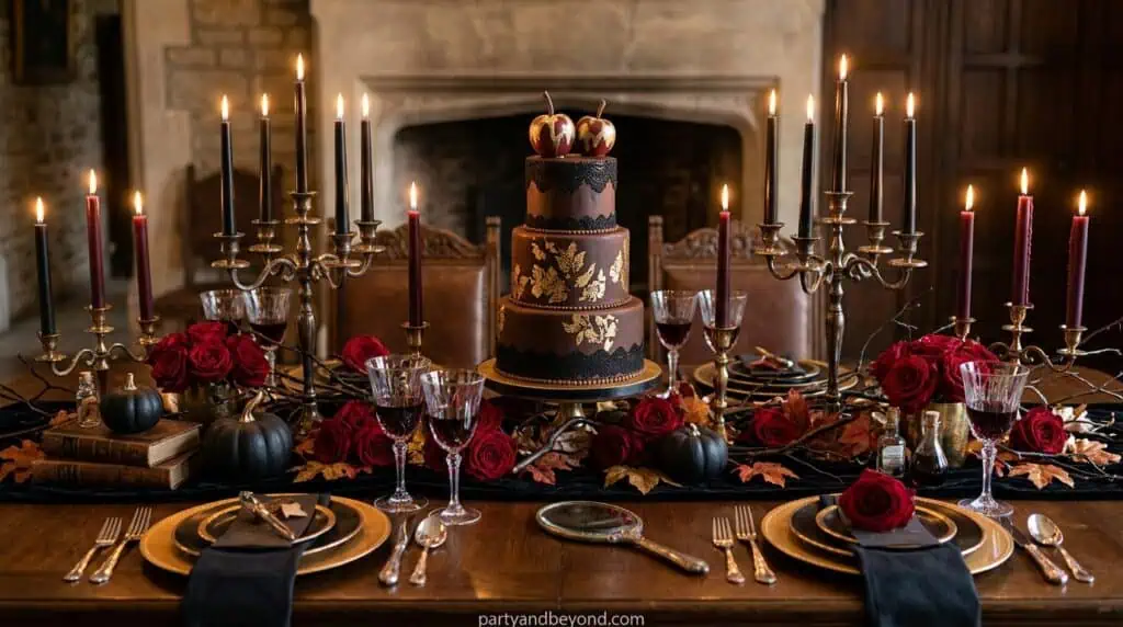 Sophisticated Halloween-inspired birthday party with black decor, gold accents, candles, and skull centerpieces