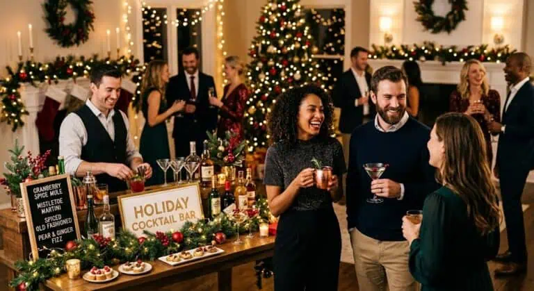 People enjoying holiday cocktails at a festive Christmas party.