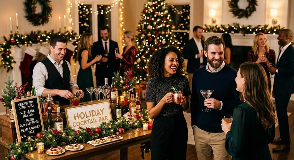 People enjoying holiday cocktails at a festive Christmas party.