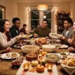 How to Host a Friendsgiving Dinner Party (Menu, Decor + Potluck Guide) Family enjoying a festive Thanksgiving dinner with decorated table and warm lighting.