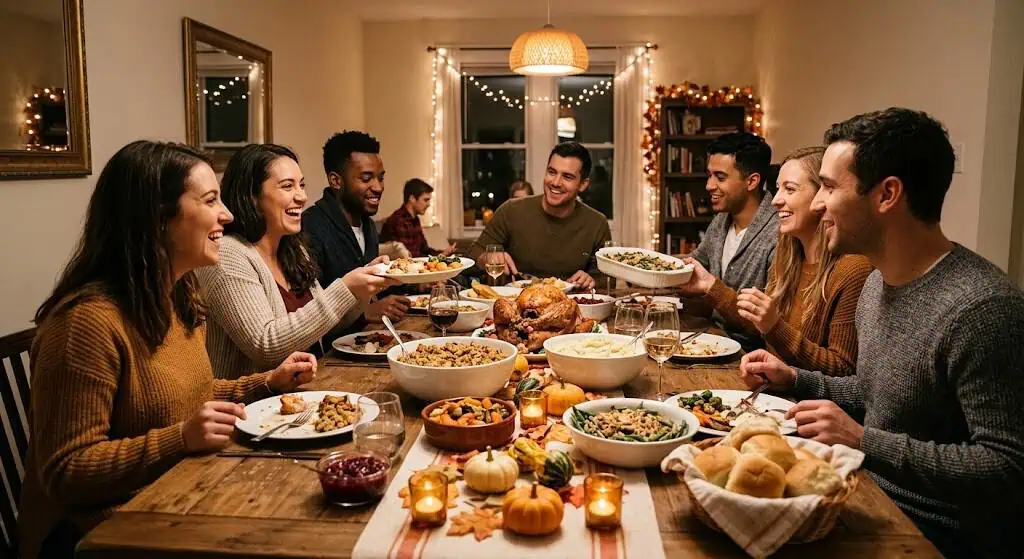 Family enjoying a festive Thanksgiving dinner with decorated table and warm lighting.