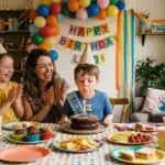 How to Plan a Birthday Party on a Budget Kids celebrating birthday with family, cake, and decorations at Party & Beyond! event.