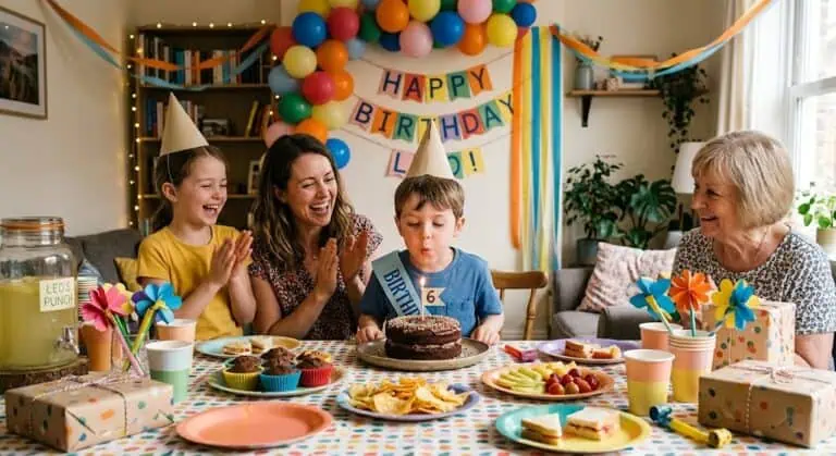 Kids celebrating birthday with family, cake, and decorations at Party & Beyond! event.