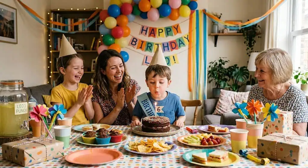 Kids celebrating birthday with family, cake, and decorations at Party & Beyond! event.