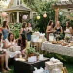 How to Plan a Bridal Shower on a Budget (Complete Step-by-Step Guide) Outdoor party with women enjoying a garden celebration and dessert table. Perfect for birthdays, bri.