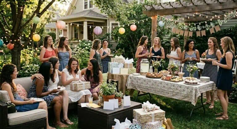 Outdoor party with women enjoying a garden celebration and dessert table. Perfect for birthdays, bri.