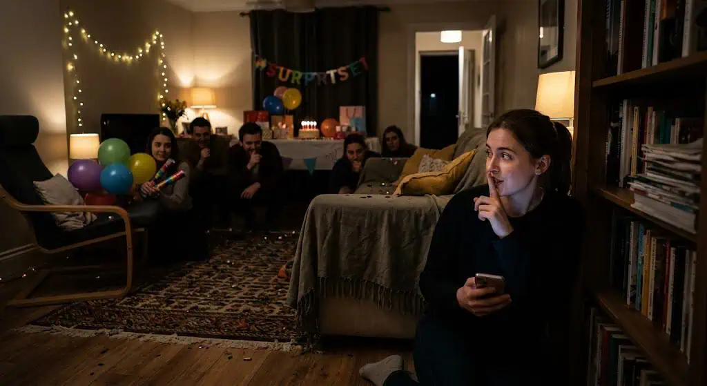 Friends celebrating a birthday with balloons and party decorations in a cozy living room.