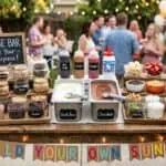 Ice Cream Sundae Bar Ideas (Setup, Toppings List & Quantities) Colorful ice cream sundae bar with toppings and sign for build your own sundae.