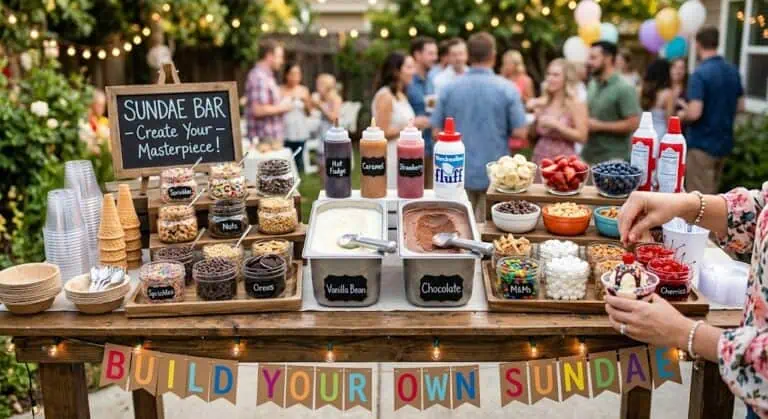 Colorful ice cream sundae bar with toppings and sign for build your own sundae.