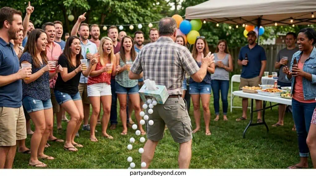 Adult player shaking ping pong balls out of a tissue box strapped to their waist