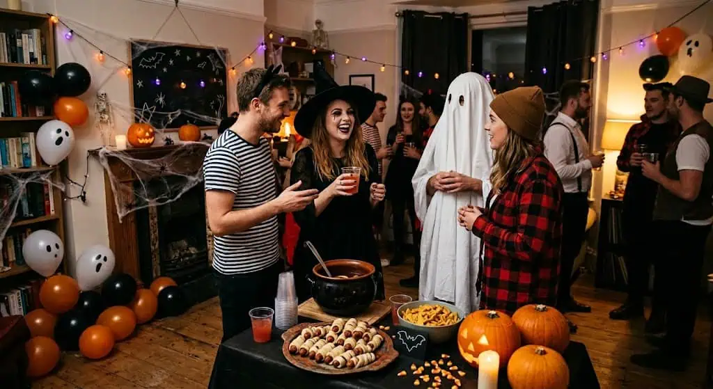 Group of friends in Halloween costumes enjoying spooky party with decorations and treats.