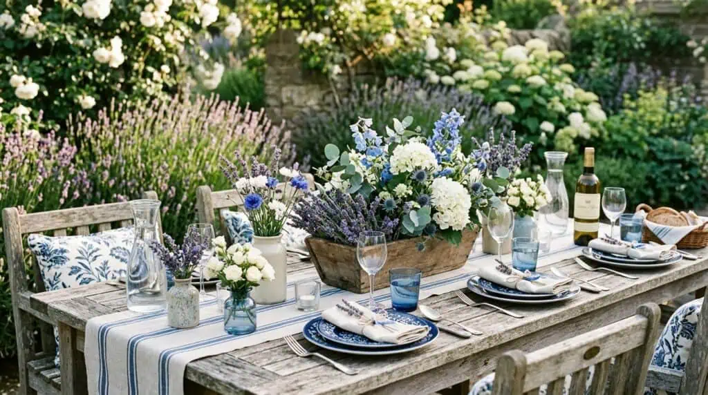 Lavender and white garden tablescape with blue patriotic accents