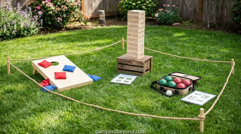 Backyard lawn games including cornhole, Jenga, and bocce ball setup for BBQ party