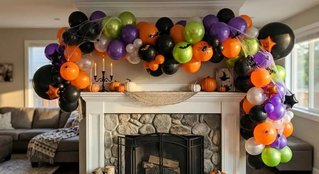 Colorful Halloween balloon garland over fireplace with pumpkins and candles.