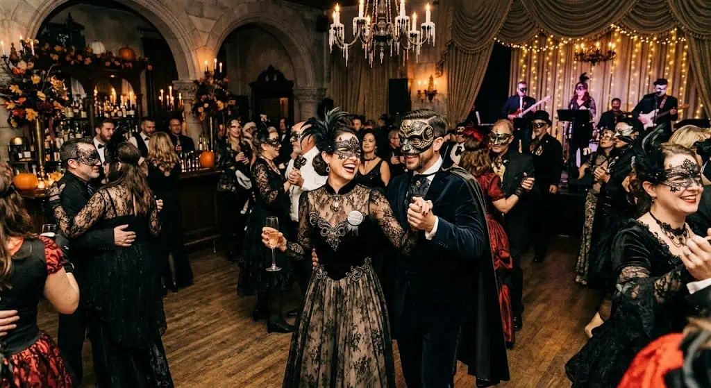 Guests in elegant masks dancing at a masquerade-themed birthday party.