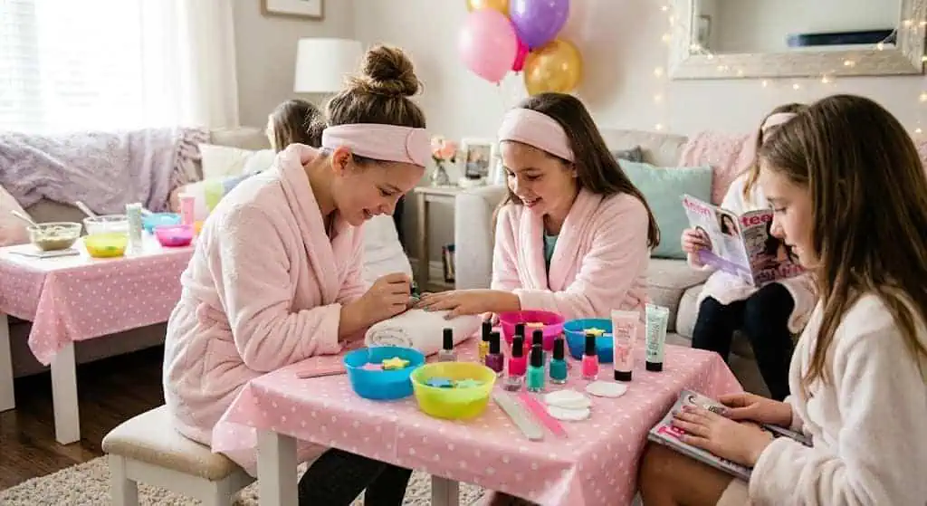 Girls enjoying a spa-themed DIY station with nail polish and skincare products.