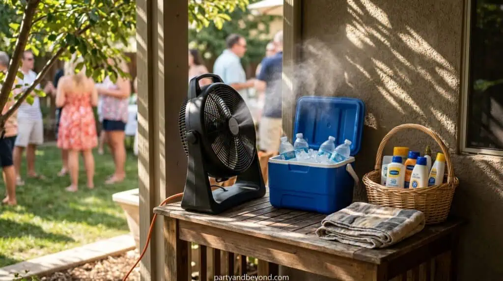 Outdoor cooling station with misting fan and water bottles at summer BBQ BBQ Party Ideas for Summer Cookouts