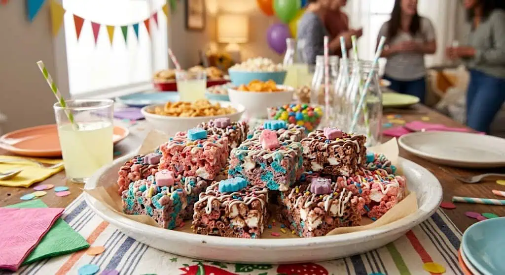 Colorful party food platter with rice crispy treats decorated with pastel candies at a lively birthd.