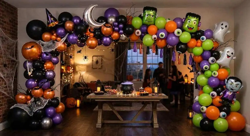Colorful Halloween balloon garland with spooky characters and ghosts.