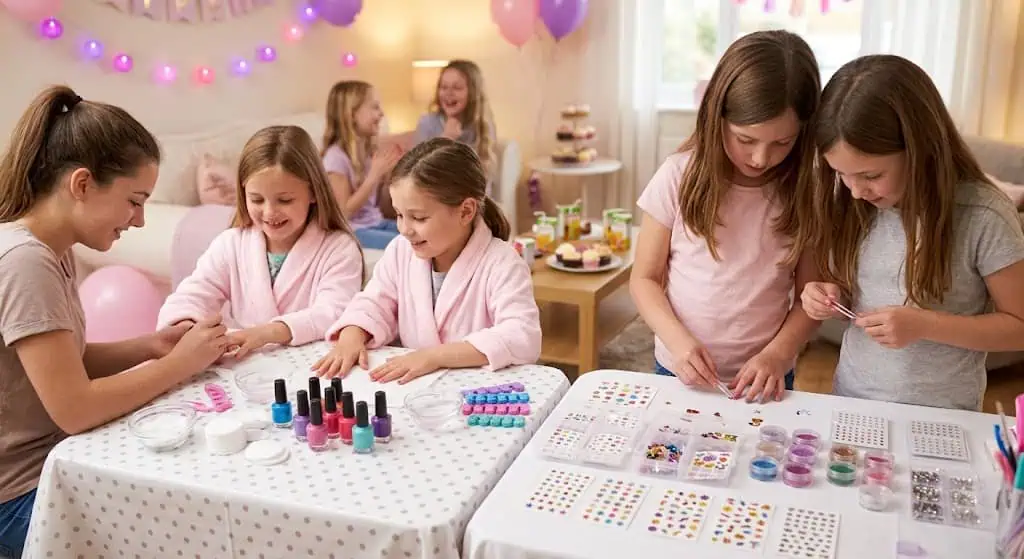 Girls enjoying a spa-themed DIY station with nail polish and accessories.