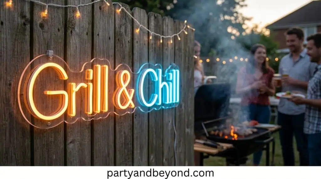 Neon grill and chill sign glowing at nighttime backyard BBQ party