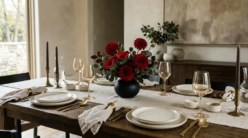 Neutral linen tablescape with elegant red floral centerpiece for July Fourth