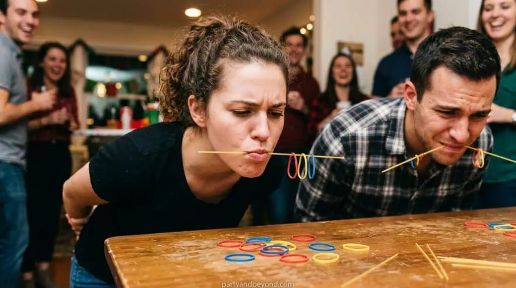 Player picking up rubber bands with a spaghetti noodle held in their mouth