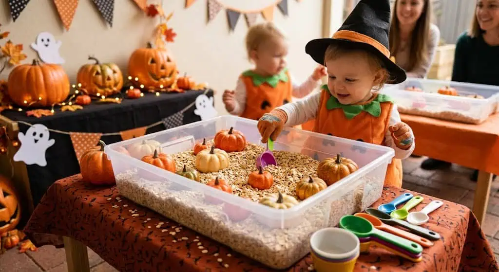 Cute toddler in witch costume at Halloween party with pumpkin-themed treats.