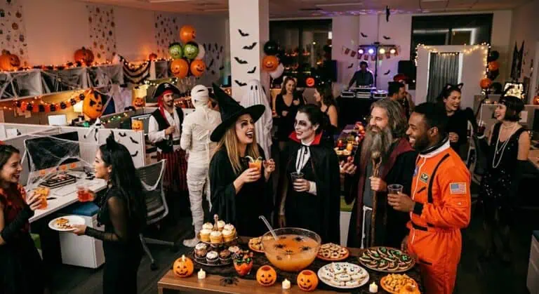 People enjoying Halloween party with costumes, decorations, and themed treats.