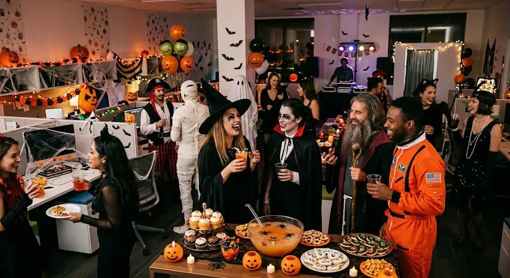 People enjoying Halloween party with costumes, decorations, and themed treats.