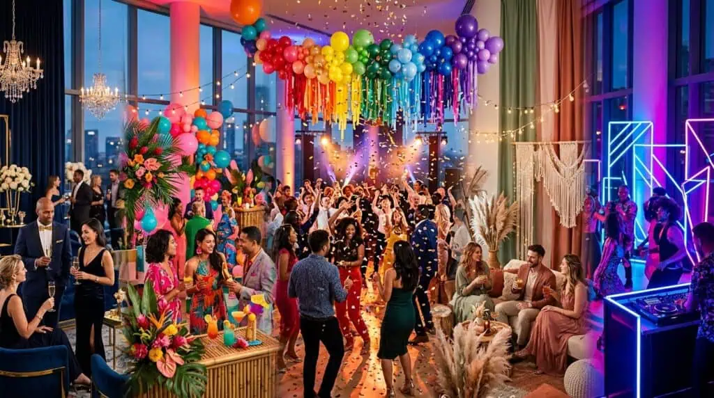 Celebration party with colorful balloons, vibrant decorations, and dancing guests in a stylish indoo.