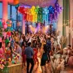 Party Color Palette Ideas for Every Theme (2026 Guide) Celebration party with colorful balloons, vibrant decorations, and dancing guests in a stylish indoo.